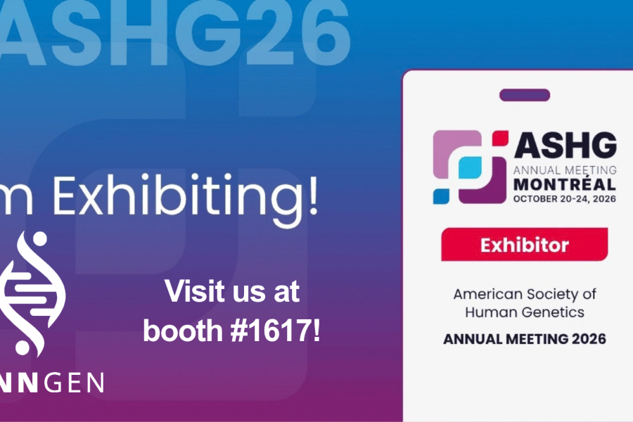 Promotional graphic for ASHG 2026 featuring the FinnGen logo on a blue-to-purple gradient background. Large text reads “I’m Exhibiting!” and “Visit us at booth #1617!”. A badge-style illustration on the right displays the ASHG Annual Meeting Montreal logo, the word “Exhibitor,” and the text “American Society of Human Genetics Annual Meeting 2026.” The hashtag “#ASHG26” appears prominently in the background.