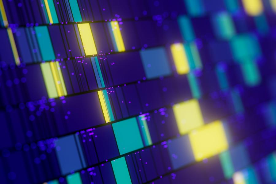 Abstract digital illustration of DNA-like sequences represented by rows of coloured rectangular blocks and fine lines, with glowing purple, blue, turquoise and yellow elements against a dark blue background.